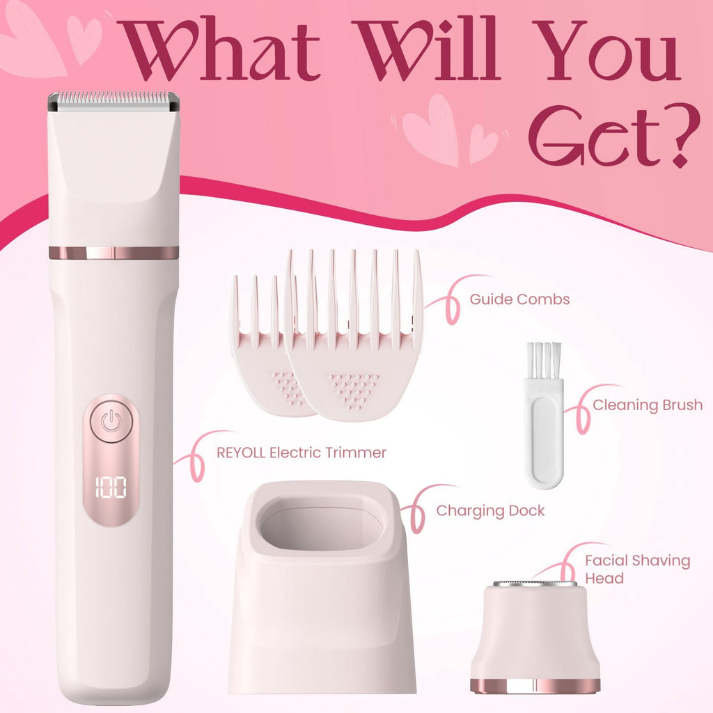 Women’S 2-In-1 Electric Bikini Trimmer & Facial Shaver, Painless Ceramic Blade Body Groomer with Waterproof Wet Dry Design, Rechargeable Travel Razor for Smooth Skin
