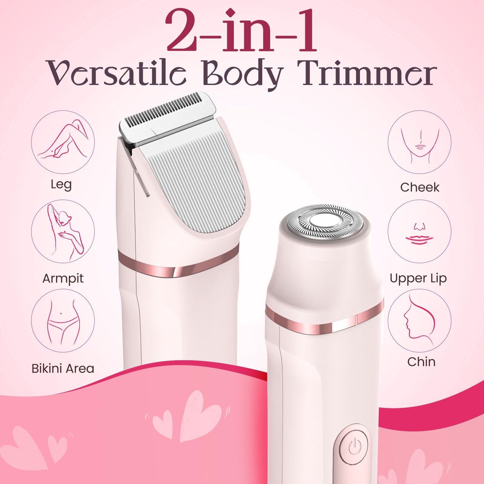 Women’S 2-In-1 Electric Bikini Trimmer & Facial Shaver, Painless Ceramic Blade Body Groomer with Waterproof Wet Dry Design, Rechargeable Travel Razor for Smooth Skin